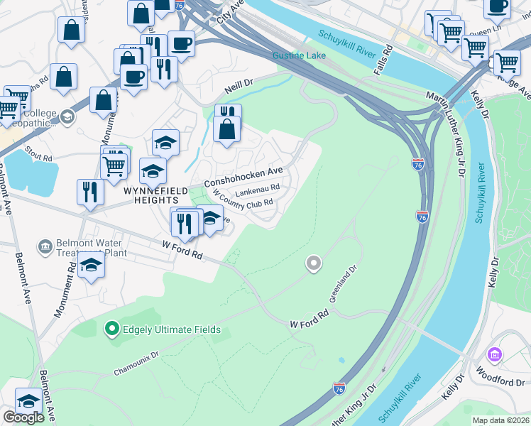 map of restaurants, bars, coffee shops, grocery stores, and more near 3707 West Country Club Road in Philadelphia