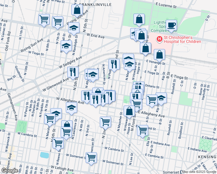 map of restaurants, bars, coffee shops, grocery stores, and more near 3329 North Philip Street in Philadelphia