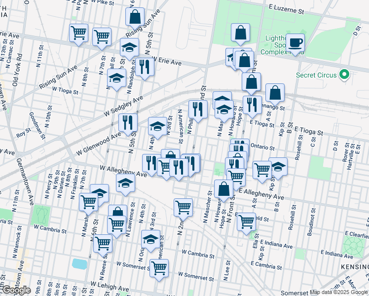 map of restaurants, bars, coffee shops, grocery stores, and more near 3324 North Philip Street in Philadelphia