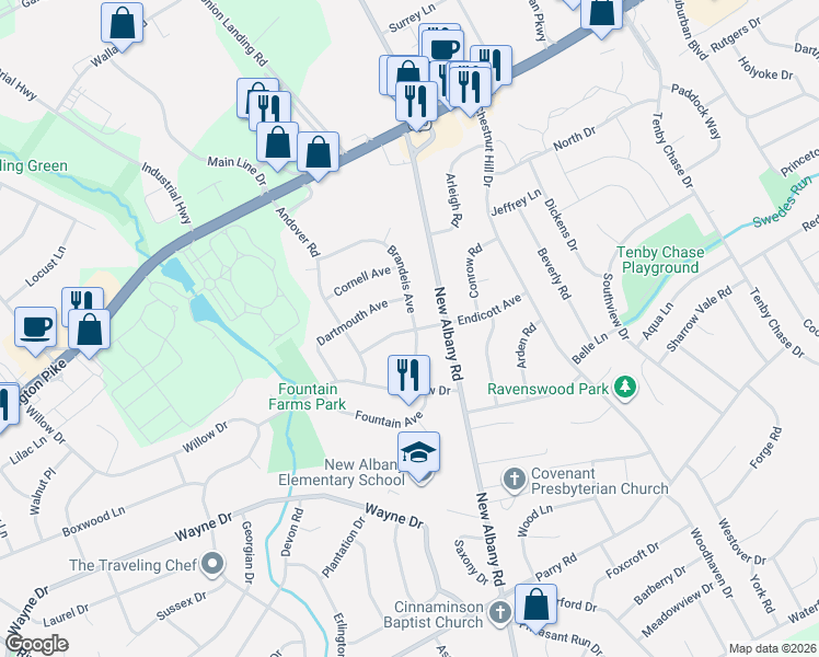 map of restaurants, bars, coffee shops, grocery stores, and more near 2301 Brandeis Avenue in Cinnaminson