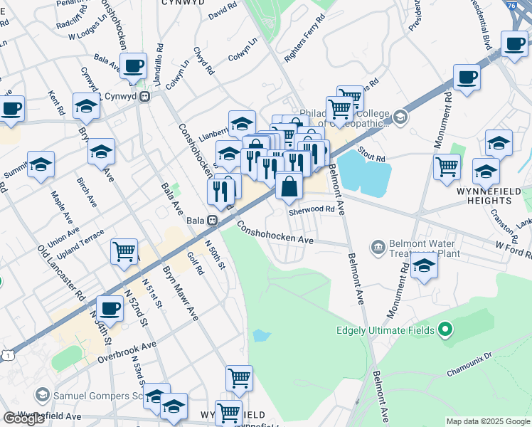 map of restaurants, bars, coffee shops, grocery stores, and more near 4700 City Avenue in Philadelphia