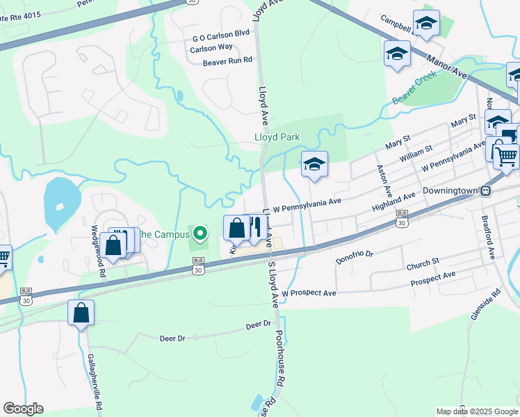 map of restaurants, bars, coffee shops, grocery stores, and more near 100 Lloyd Avenue in Downingtown