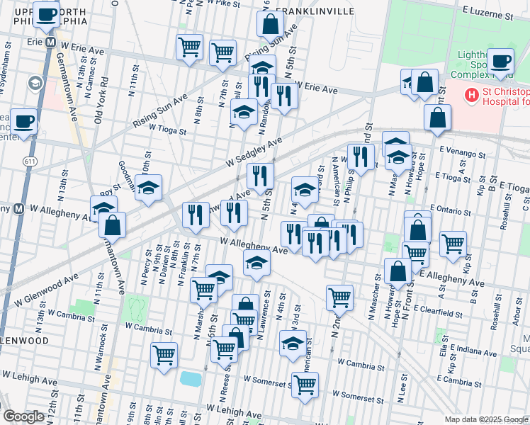 map of restaurants, bars, coffee shops, grocery stores, and more near N 5th St & W Westmoreland St in Philadelphia