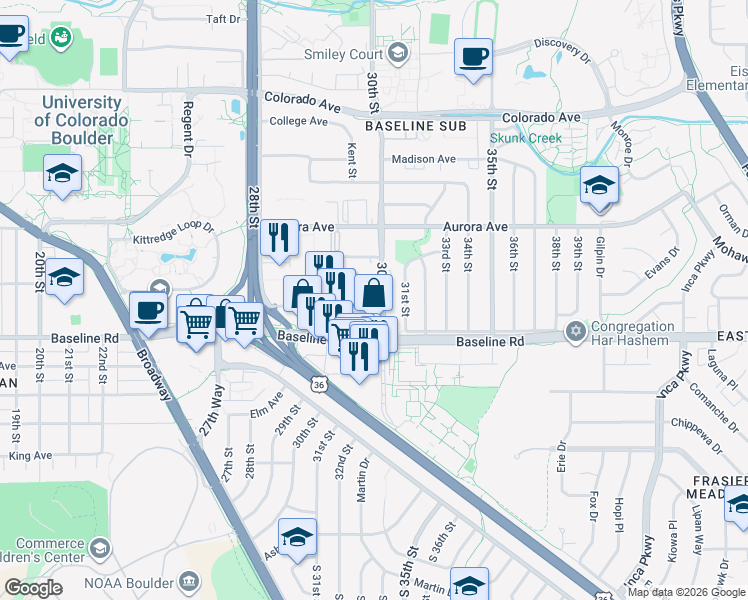 map of restaurants, bars, coffee shops, grocery stores, and more near 775 30th Street in Boulder