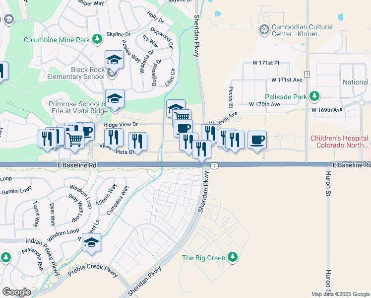 map of restaurants, bars, coffee shops, grocery stores, and more near 1891 Colorado 7 in Broomfield