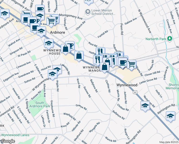 map of restaurants, bars, coffee shops, grocery stores, and more near Wynnewood Road in Wynnewood