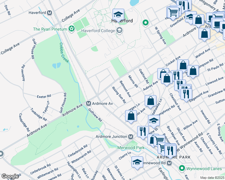 map of restaurants, bars, coffee shops, grocery stores, and more near 2946 Rising Sun Road in Ardmore
