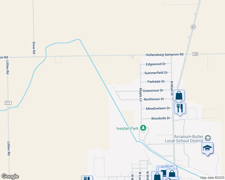 map of restaurants, bars, coffee shops, grocery stores, and more near 212 Irelan Boulevard in Arcanum