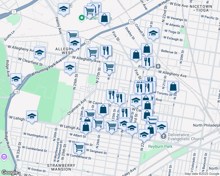 map of restaurants, bars, coffee shops, grocery stores, and more near 3045 North 26th Street in Philadelphia