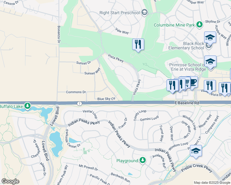 map of restaurants, bars, coffee shops, grocery stores, and more near 3035 Blue sky Circle in Erie