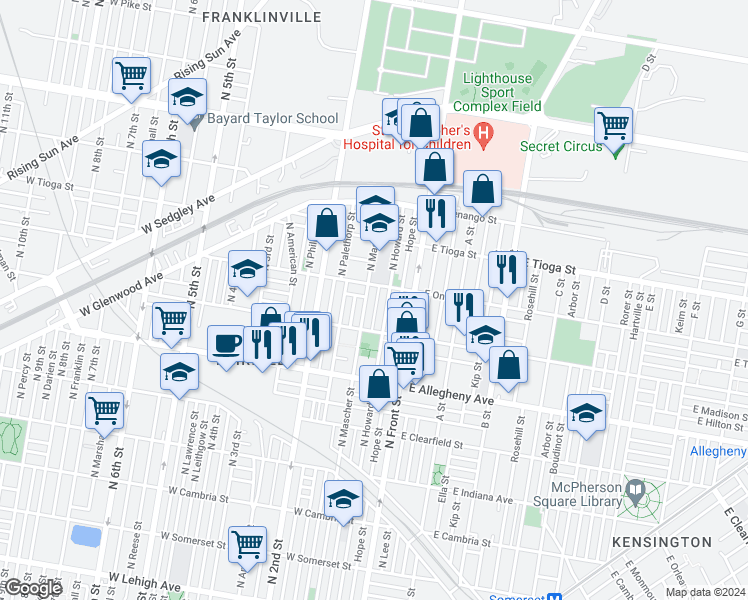 map of restaurants, bars, coffee shops, grocery stores, and more near 3348 Waterloo Street in Philadelphia