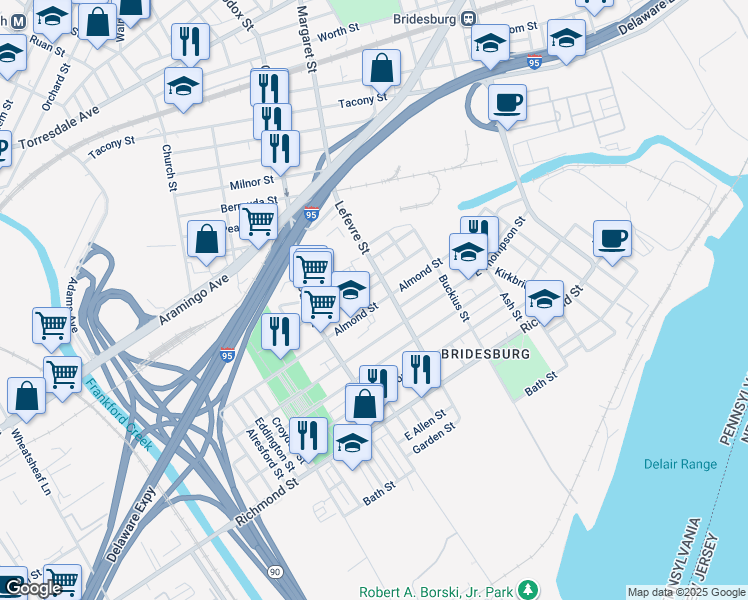 map of restaurants, bars, coffee shops, grocery stores, and more near 4474 Almond Street in Philadelphia
