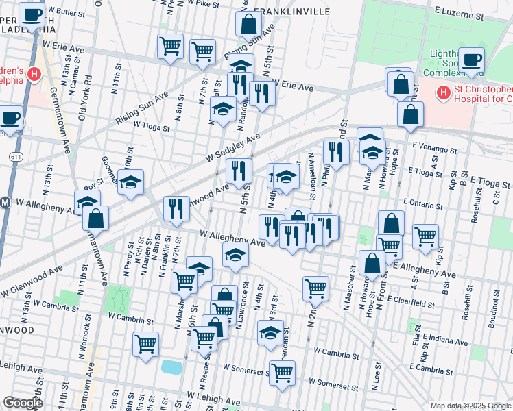 map of restaurants, bars, coffee shops, grocery stores, and more near 433 West Westmoreland Street in Philadelphia