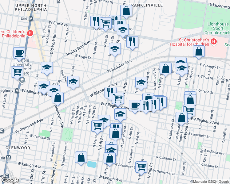 map of restaurants, bars, coffee shops, grocery stores, and more near 542 West Westmoreland Street in Philadelphia