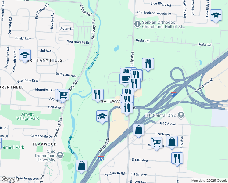 map of restaurants, bars, coffee shops, grocery stores, and more near 1600-1626 Ackley Place in Columbus