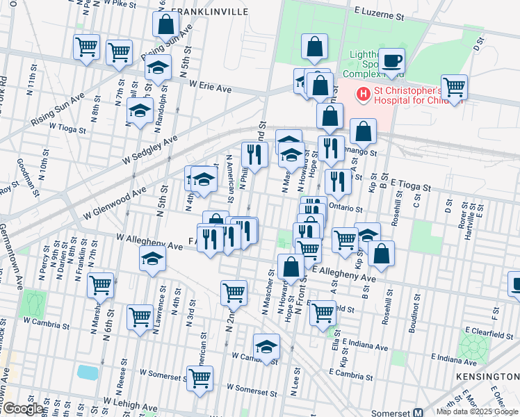 map of restaurants, bars, coffee shops, grocery stores, and more near 3337 North Palethorp Street in Philadelphia