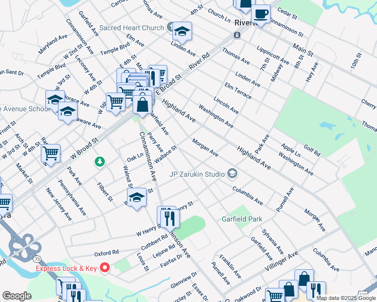 map of restaurants, bars, coffee shops, grocery stores, and more near 814 Columbia Avenue in Palmyra