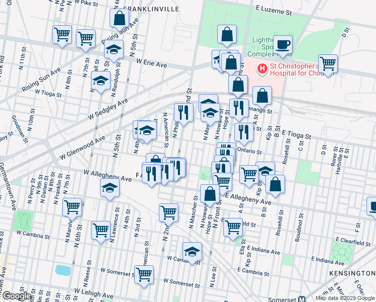 map of restaurants, bars, coffee shops, grocery stores, and more near 3337 North Palethorp Street in Philadelphia