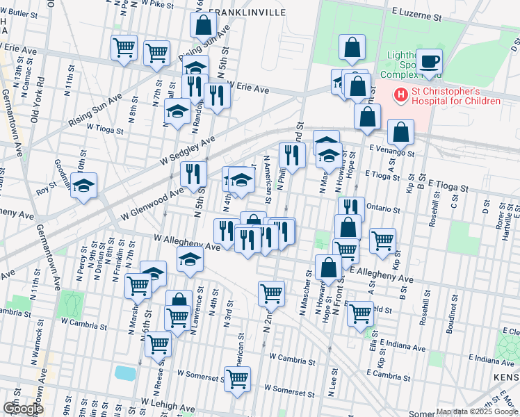 map of restaurants, bars, coffee shops, grocery stores, and more near 251 West Cornwall Street in Philadelphia
