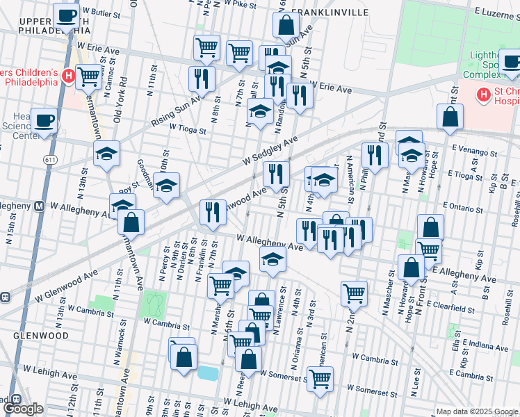 map of restaurants, bars, coffee shops, grocery stores, and more near 542 West Westmoreland Street in Philadelphia