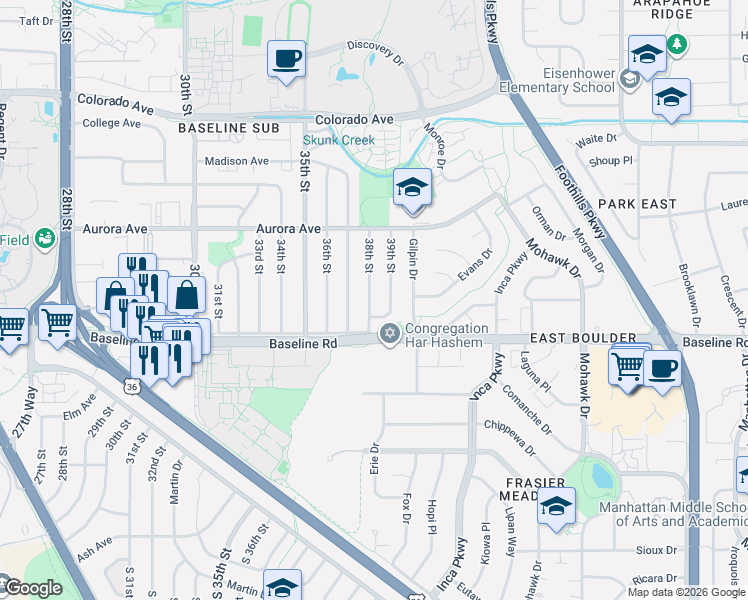 map of restaurants, bars, coffee shops, grocery stores, and more near 805 38th Street in Boulder