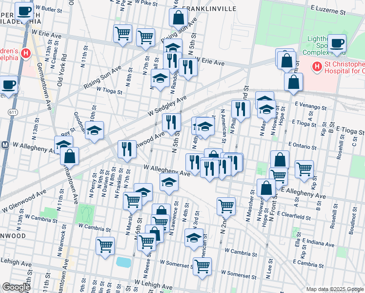 map of restaurants, bars, coffee shops, grocery stores, and more near 437 West Westmoreland Street in Philadelphia