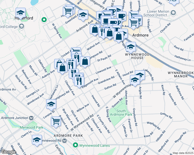 map of restaurants, bars, coffee shops, grocery stores, and more near 50 Linwood Avenue in Ardmore