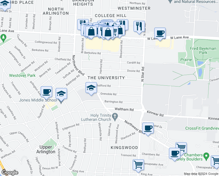 map of restaurants, bars, coffee shops, grocery stores, and more near 1662 Guilford Road in Columbus