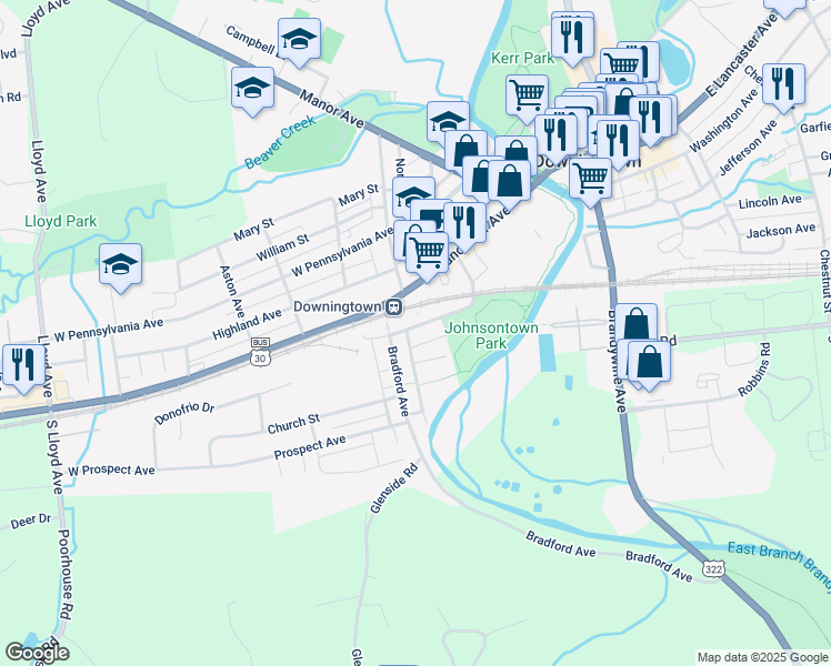 map of restaurants, bars, coffee shops, grocery stores, and more near 152 Viaduct Avenue in Downingtown