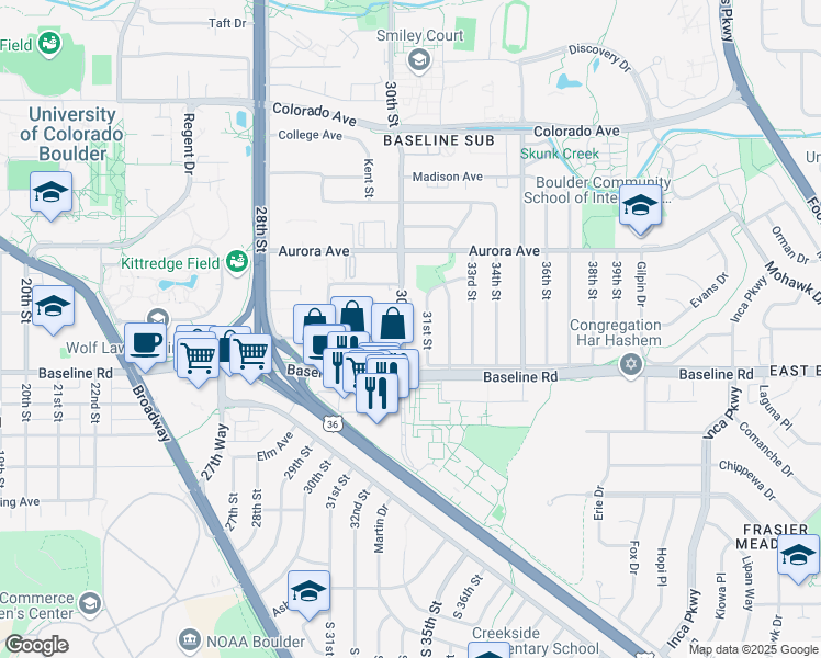 map of restaurants, bars, coffee shops, grocery stores, and more near 710 30th Street in Boulder