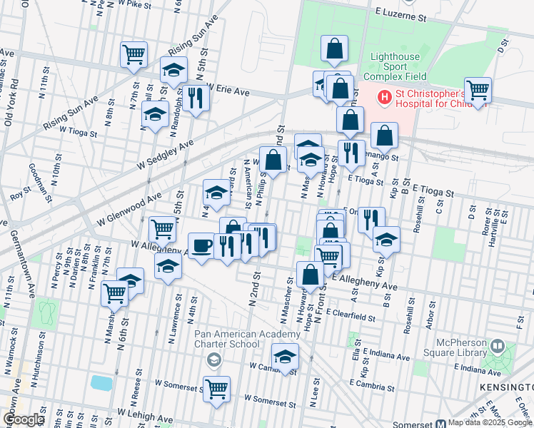 map of restaurants, bars, coffee shops, grocery stores, and more near North 2nd Street in Philadelphia