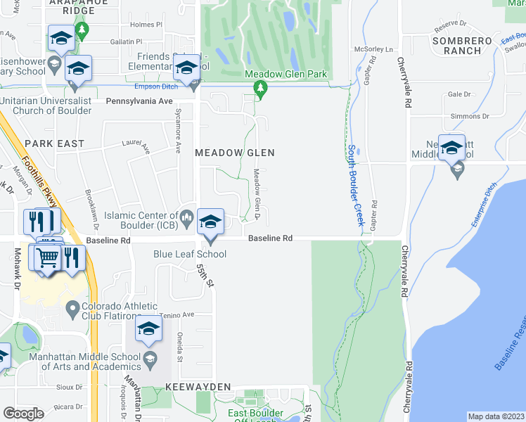 map of restaurants, bars, coffee shops, grocery stores, and more near 805 Meadow Glen Drive in Boulder