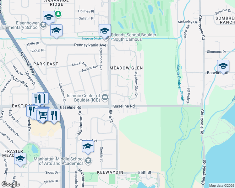 map of restaurants, bars, coffee shops, grocery stores, and more near 808 55th Street in Boulder