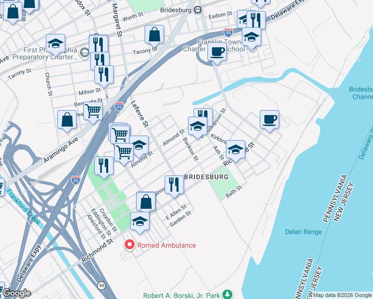 map of restaurants, bars, coffee shops, grocery stores, and more near 4612 East Thompson Street in Philadelphia