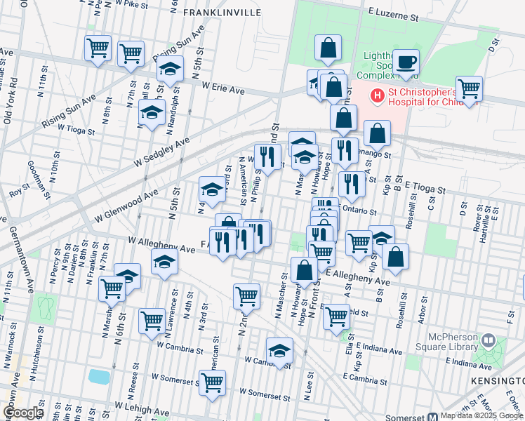 map of restaurants, bars, coffee shops, grocery stores, and more near 190 West Ontario Street in Philadelphia
