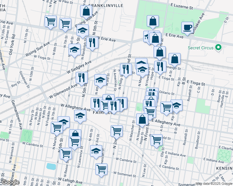 map of restaurants, bars, coffee shops, grocery stores, and more near 3356 North Philip Street in Philadelphia