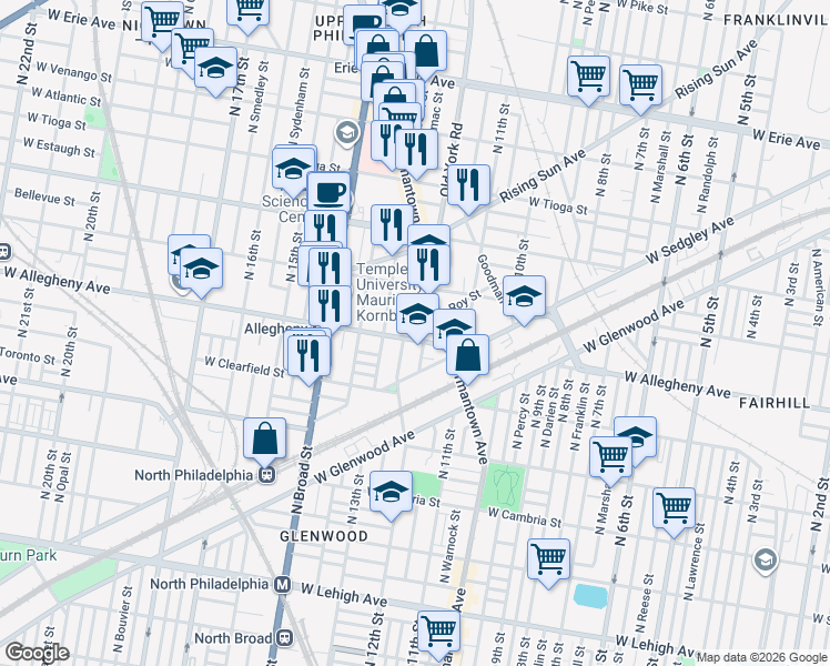 map of restaurants, bars, coffee shops, grocery stores, and more near 1233 West Hilton Street in Philadelphia
