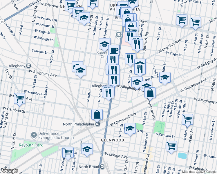 map of restaurants, bars, coffee shops, grocery stores, and more near in Philadelphia