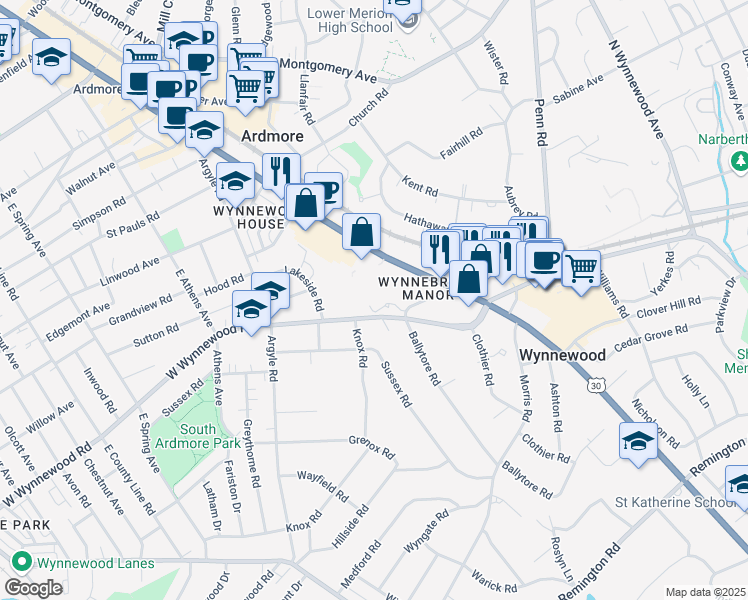 map of restaurants, bars, coffee shops, grocery stores, and more near 308 East Lancaster Avenue in Ardmore