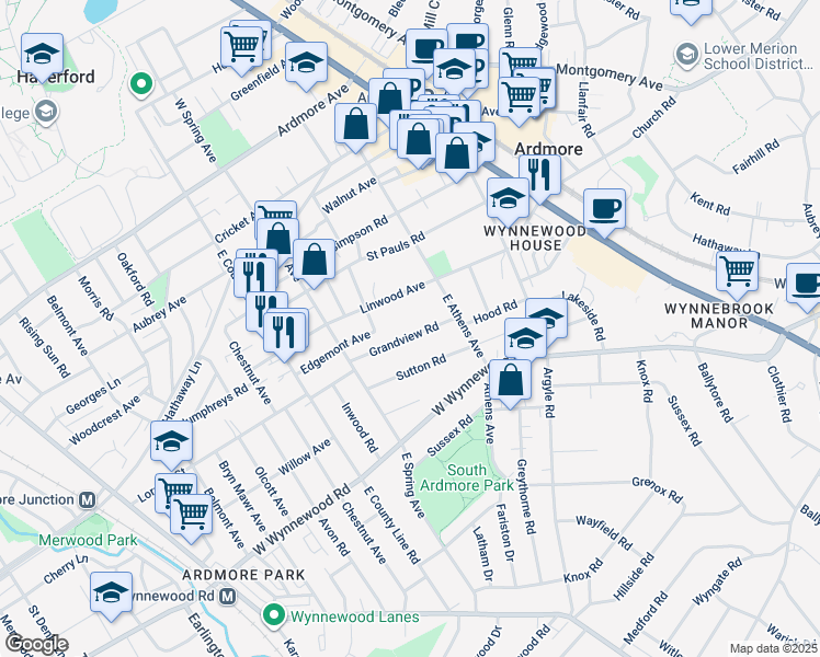 map of restaurants, bars, coffee shops, grocery stores, and more near 111 Linwood Avenue in Ardmore