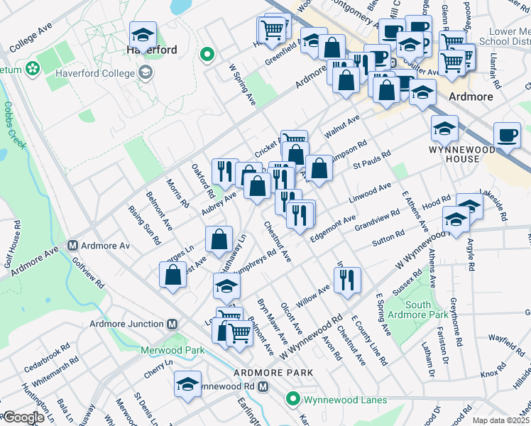 map of restaurants, bars, coffee shops, grocery stores, and more near 821 Aubrey Avenue in Ardmore
