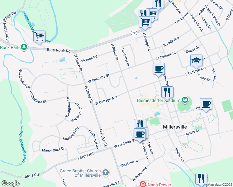 map of restaurants, bars, coffee shops, grocery stores, and more near 109 Pickwick Place in Millersville