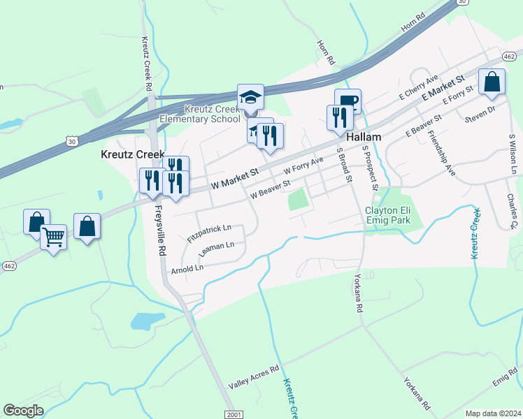 map of restaurants, bars, coffee shops, grocery stores, and more near 105 Emig Street in Hallam