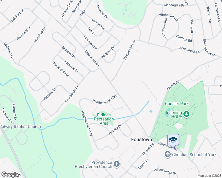 map of restaurants, bars, coffee shops, grocery stores, and more near 2405 Hepplewhite Drive in York