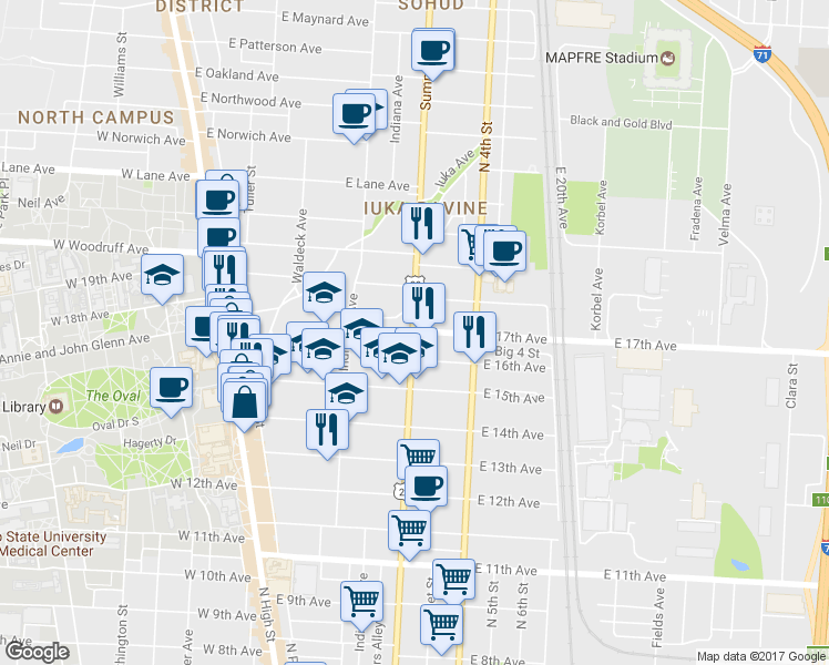 map of restaurants, bars, coffee shops, grocery stores, and more near in Columbus