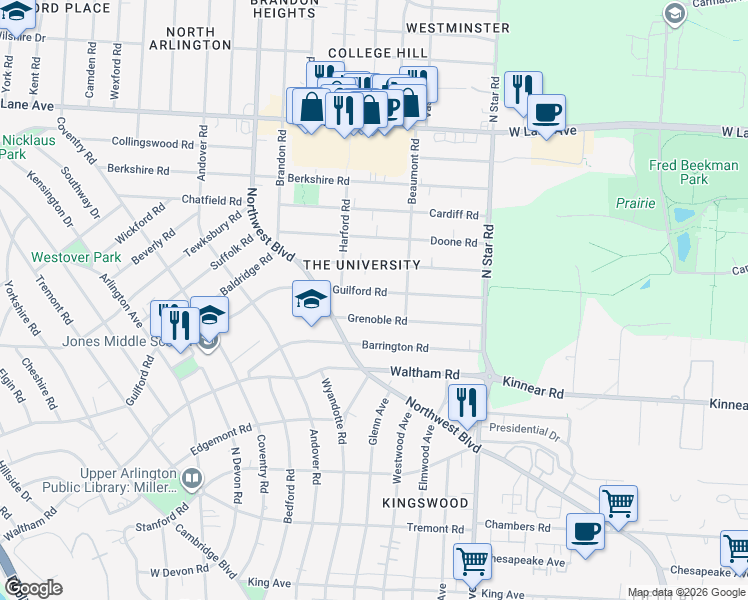 map of restaurants, bars, coffee shops, grocery stores, and more near 1662 Guilford Road in Columbus
