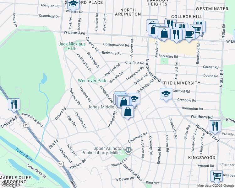 map of restaurants, bars, coffee shops, grocery stores, and more near 1987 Tewksbury Road in Columbus