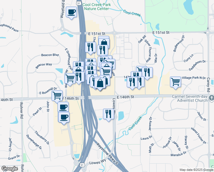 map of restaurants, bars, coffee shops, grocery stores, and more near 2005 East Greyhound Pass in Carmel