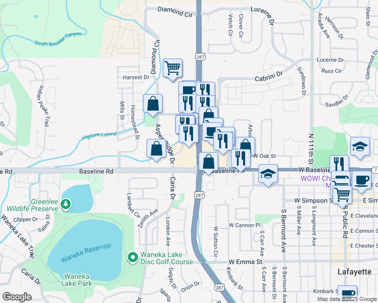 map of restaurants, bars, coffee shops, grocery stores, and more near 399 U.S. 287 in Lafayette