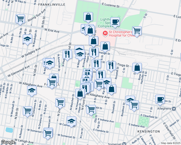 map of restaurants, bars, coffee shops, grocery stores, and more near 110 East Ontario Street in Philadelphia